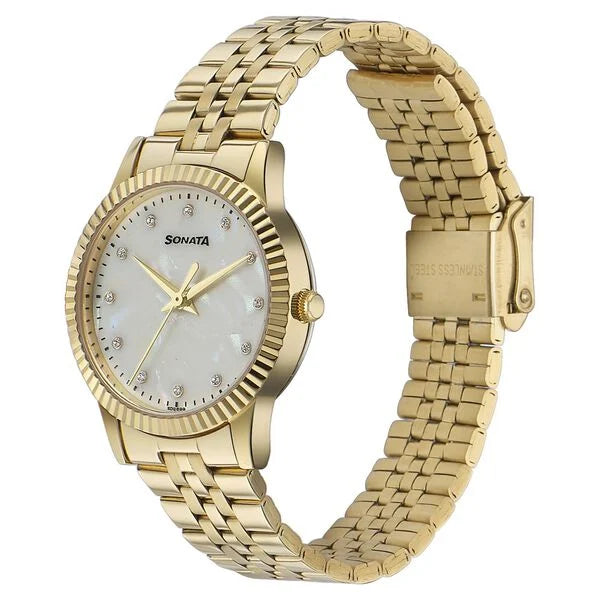 Sonata 87062YM02 | Sonata Glam Gold Quartz Analog Off White Dial Stainless Steel Strap Watch For Women