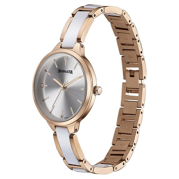 Sonata 87065KD02 | Sonata Quartz Analog Silver Dial Two Toned Stainless Steel Strap Watch For Women