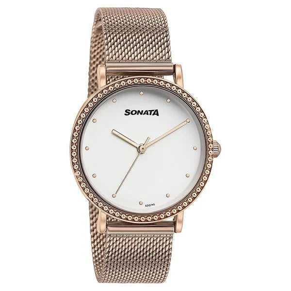 Sonata 87066WM01 | Sonata Quartz Analog White Dial Rose Gold Stainless Steel Strap Watch For Women