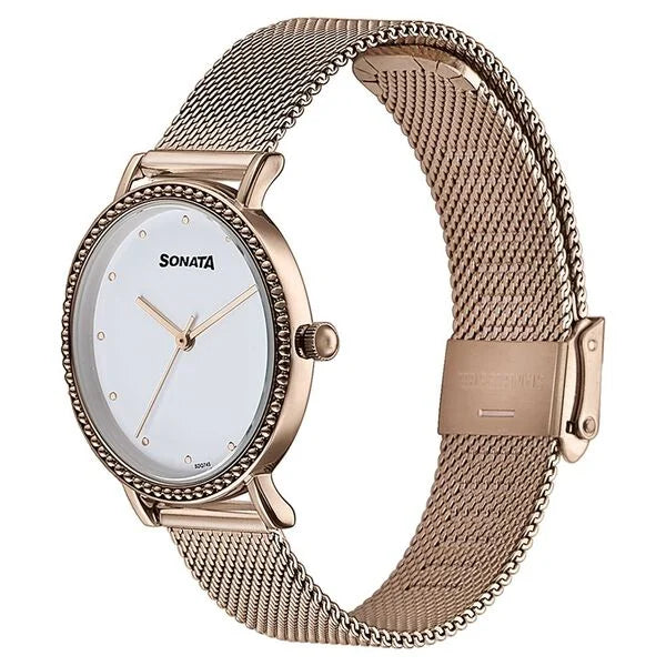 Sonata 87066WM01 | Sonata Quartz Analog White Dial Rose Gold Stainless Steel Strap Watch For Women