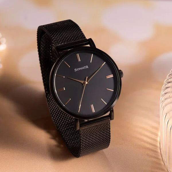 Sonata 8706NM01 | Sonata Quartz Analog Black Dial Black Stainless Steel Strap Watch For Women