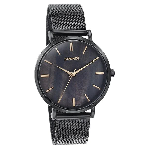 Sonata 8706NM01 | Sonata Quartz Analog Black Dial Black Stainless Steel Strap Watch For Women