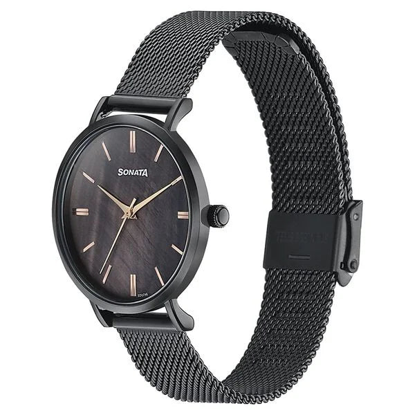 Sonata 8706NM01 | Sonata Quartz Analog Black Dial Black Stainless Steel Strap Watch For Women