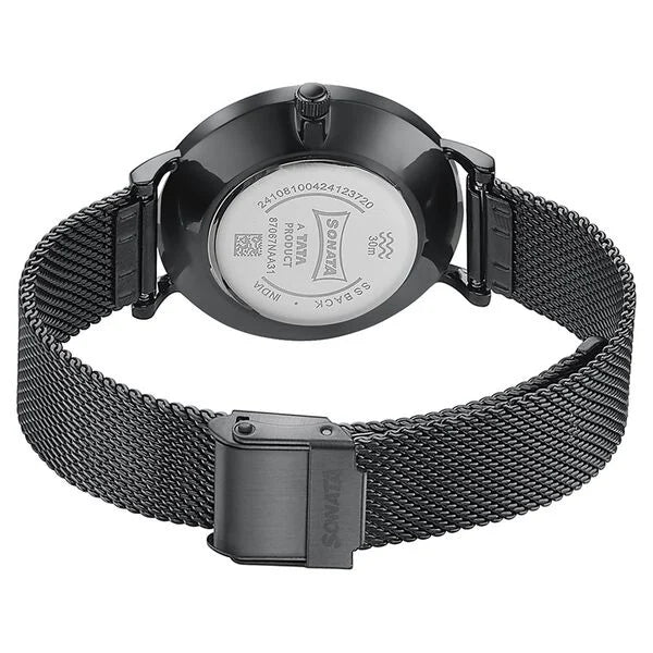 Sonata 8706NM01 | Sonata Quartz Analog Black Dial Black Stainless Steel Strap Watch For Women
