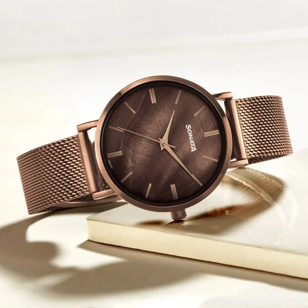 Sonata 87067QM01 | Sonata Quartz Analog Brown Dial Brown Stainless Steel Strap Watch For Women