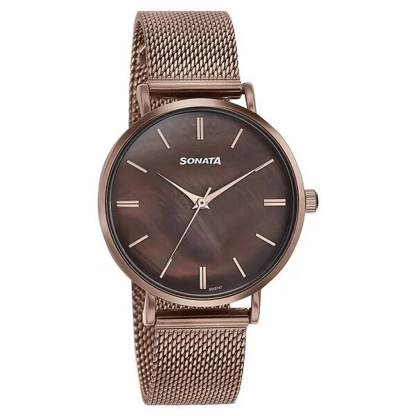 Sonata 87067QM01 | Sonata Quartz Analog Brown Dial Brown Stainless Steel Strap Watch For Women
