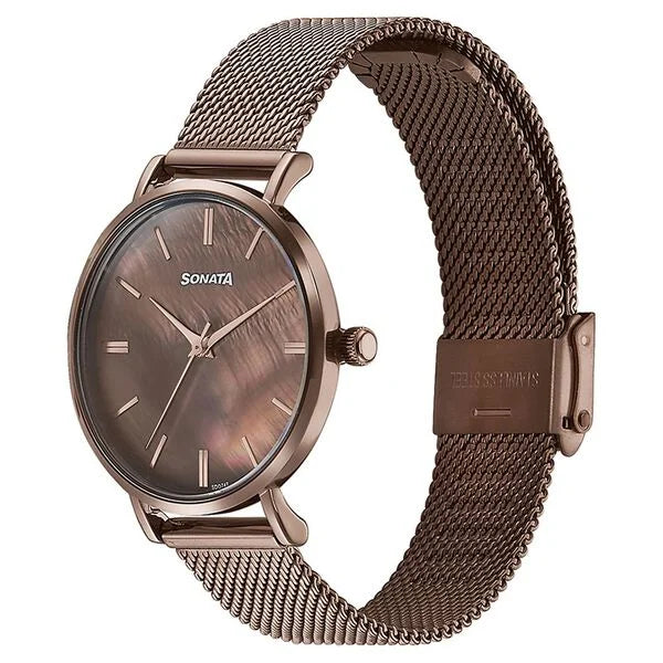 Sonata 87067QM01 | Sonata Quartz Analog Brown Dial Brown Stainless Steel Strap Watch For Women