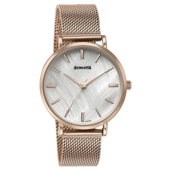 Sonata 87067WM01 | Sonata Quartz Analog White Round Dial Rose Gold Stainless Steel Strap Watch For Women