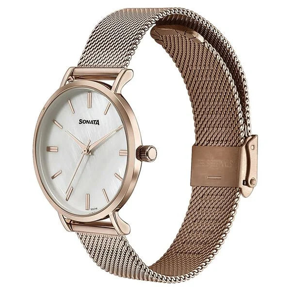 Sonata 87067WM01 | Sonata Quartz Analog White Round Dial Rose Gold Stainless Steel Strap Watch For Women