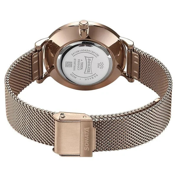 Sonata 87067WM01 | Sonata Quartz Analog White Round Dial Rose Gold Stainless Steel Strap Watch For Women