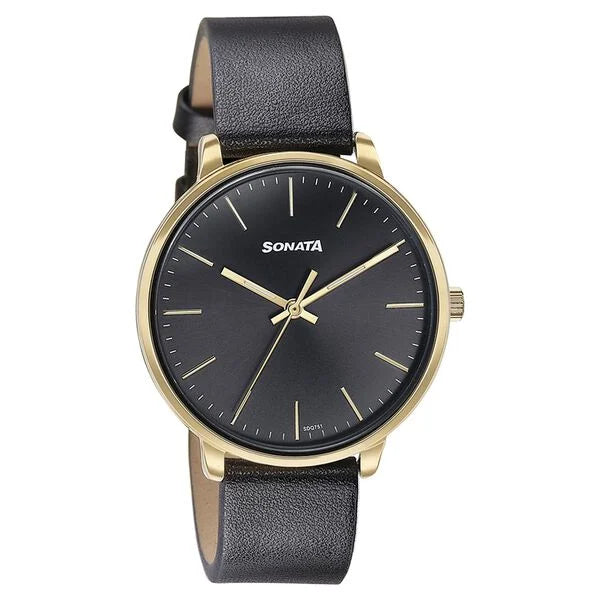 Sonata 87069YL01 | Sonata Quartz Analog Black Dial Black Leather Strap Watch For Women