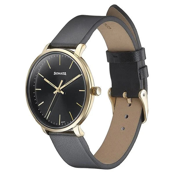 Sonata 87069YL01 | Sonata Quartz Analog Black Dial Black Leather Strap Watch For Women