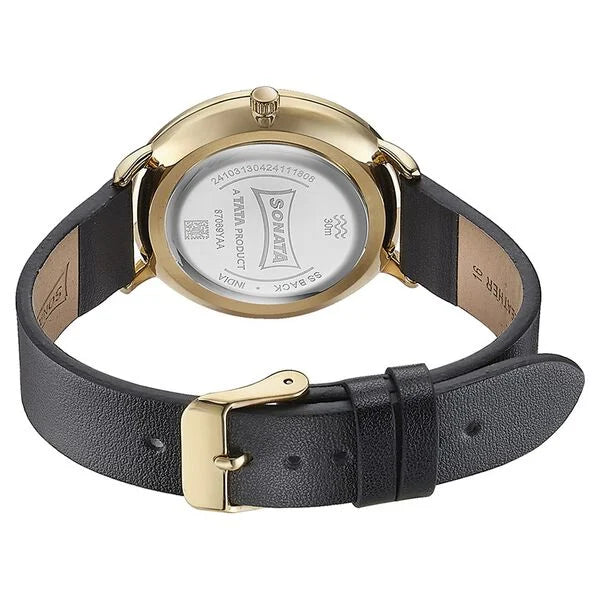 Sonata 87069YL01 | Sonata Quartz Analog Black Dial Black Leather Strap Watch For Women