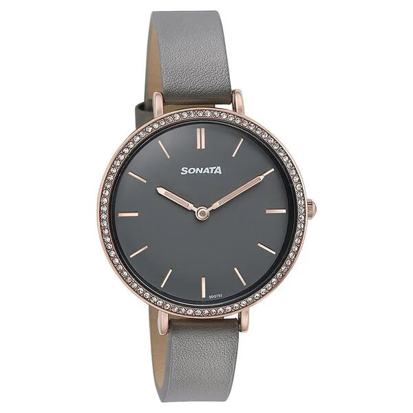 Sonata 87070WL01 | Sonata Quartz Analog Grey Dial Grey Leather Strap Watch For Women