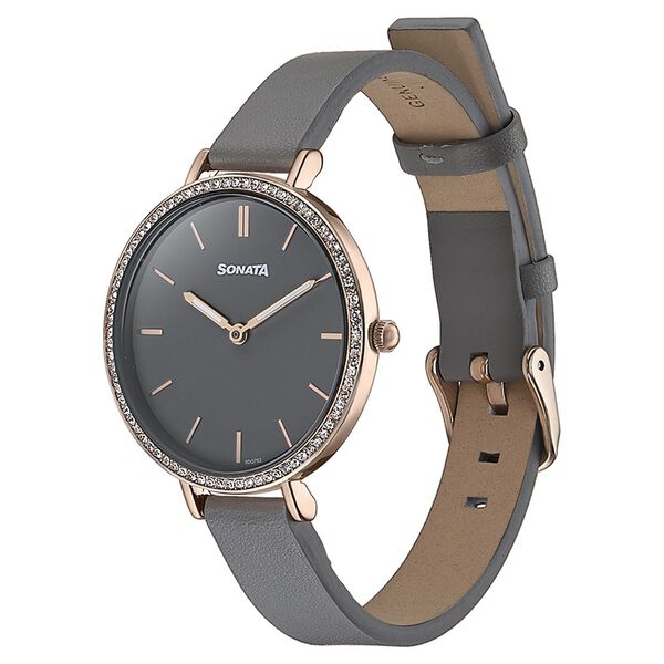 Sonata 87070WL01 | Sonata Quartz Analog Grey Dial Grey Leather Strap Watch For Women