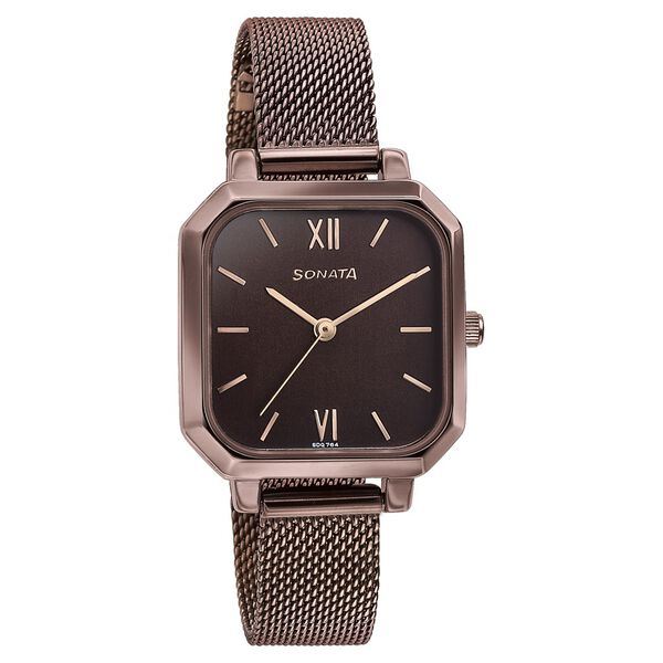 Sonata 87072QM01 | Sonata Modern Edit Quartz Analog Brown Dial Brown Stainless Steel Strap Watch For Women