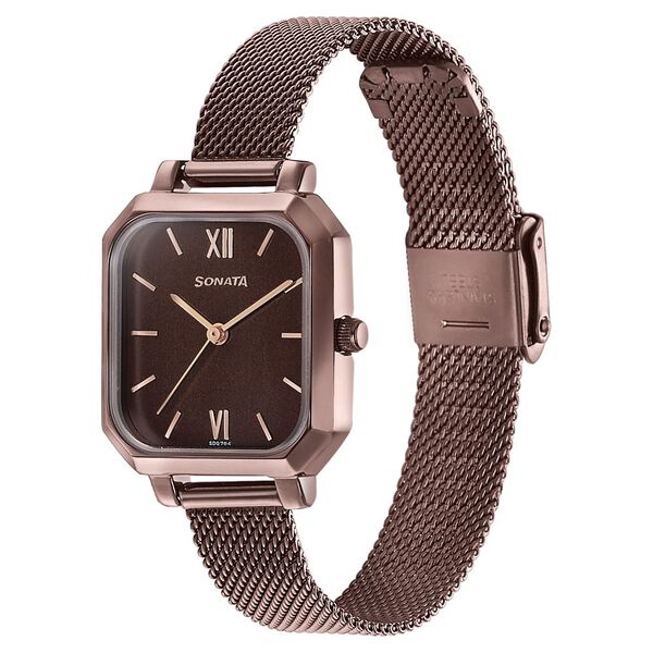 Sonata 87072QM01 | Sonata Modern Edit Quartz Analog Brown Dial Brown Stainless Steel Strap Watch For Women