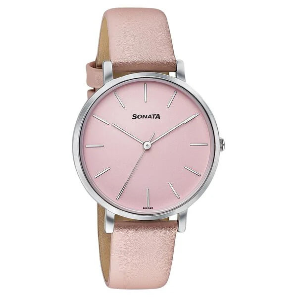 Sonata 87073SL02 | Sonata Pastel Play Quartz Analog Pink Dial Leather Strap Watch For Women