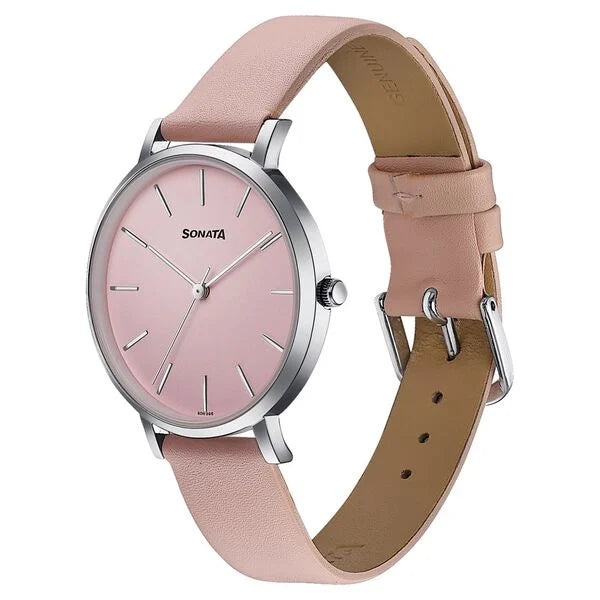 Sonata 87073SL02 | Sonata Pastel Play Quartz Analog Pink Dial Leather Strap Watch For Women