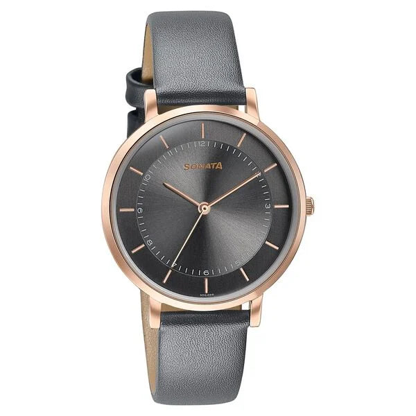 Sonata 87073WL02 | Sonata Modern Edit Quartz Analog Grey Dial Leather Strap Watch For Women