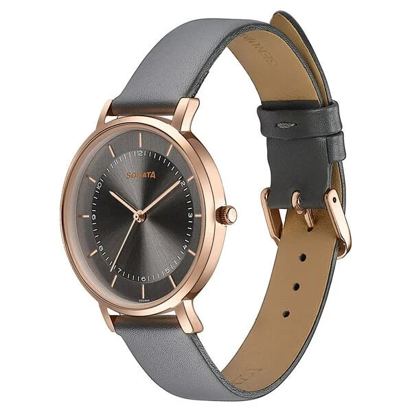 Sonata 87073WL02 | Sonata Modern Edit Quartz Analog Grey Dial Leather Strap Watch For Women