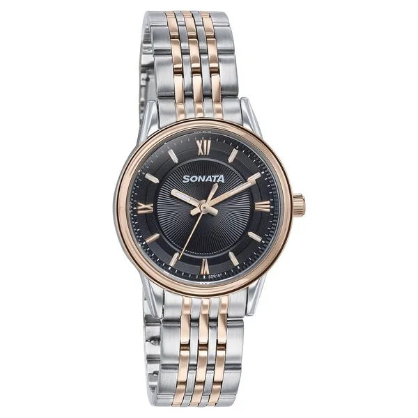 Sonata 87076KM02 | Sonata Wedding Quartz Analog Black Dial Stainless Steel Strap Watch For Women