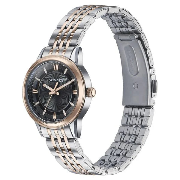 Sonata 87076KM02 | Sonata Wedding Quartz Analog Black Dial Stainless Steel Strap Watch For Women