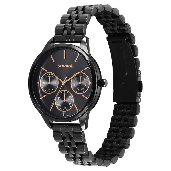 Sonata 87085NM01 | Sonata Eternia Quartz Multifunction Black Dial Metal Strap Watch For Women