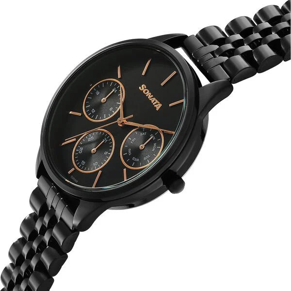 Sonata 87085NM01 | Sonata Eternia Quartz Multifunction Black Dial Metal Strap Watch For Women
