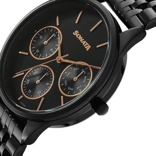Sonata 87085NM01 | Sonata Eternia Quartz Multifunction Black Dial Metal Strap Watch For Women