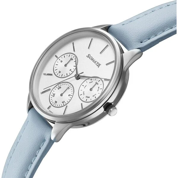 Sonata 87085SL01 | Sonata Eternia Quartz Multifunction Silver Dial Leather Strap Watch For Women