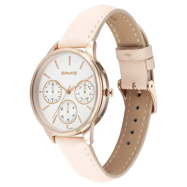 Sonata 87085WL01 | Sonata Eternia Quartz Multifunction Silver Dial Leather Strap Watch For Women