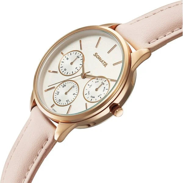 Sonata 87085WL01 | Sonata Eternia Quartz Multifunction Silver Dial Leather Strap Watch For Women