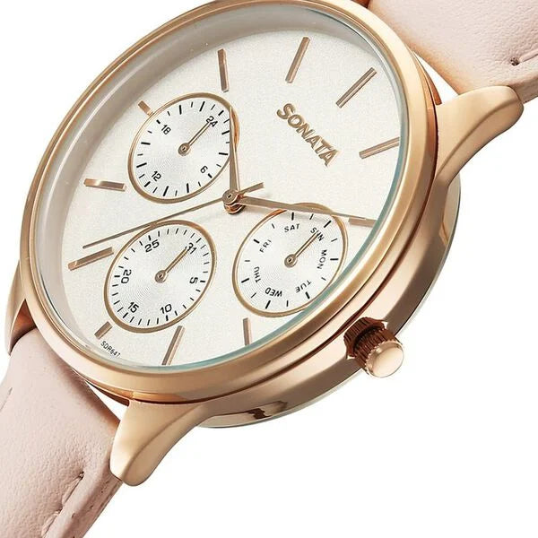 Sonata 87085WL01 | Sonata Eternia Quartz Multifunction Silver Dial Leather Strap Watch For Women