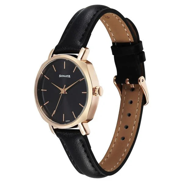 Sonata 87087WL01 | Sonata Eternia Quartz Analog Black Dial Leather Strap Watch For Women