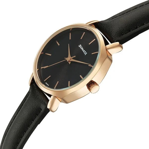 Sonata 87087WL01 | Sonata Eternia Quartz Analog Black Dial Leather Strap Watch For Women