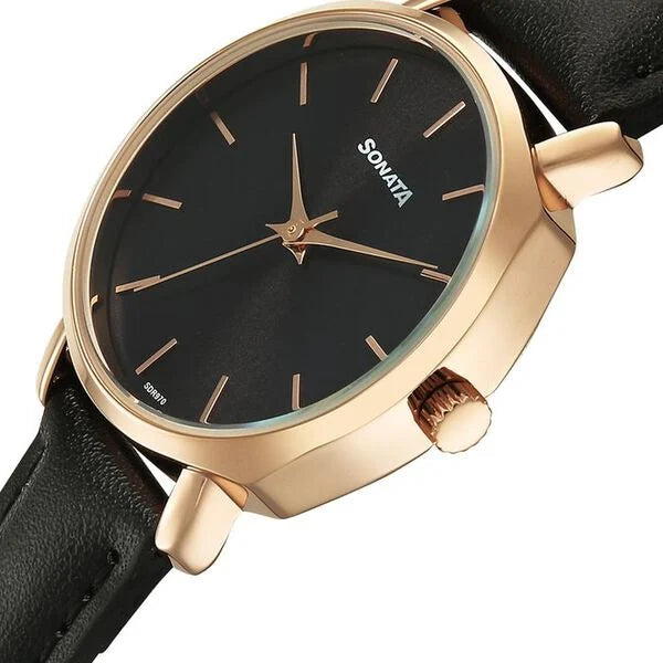 Sonata 87087WL01 | Sonata Eternia Quartz Analog Black Dial Leather Strap Watch For Women