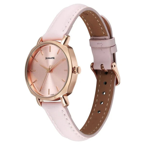 Sonata 87087WL02 | Sonata Eternia Quartz Analog Pink Dial Leather Strap Watch For Women