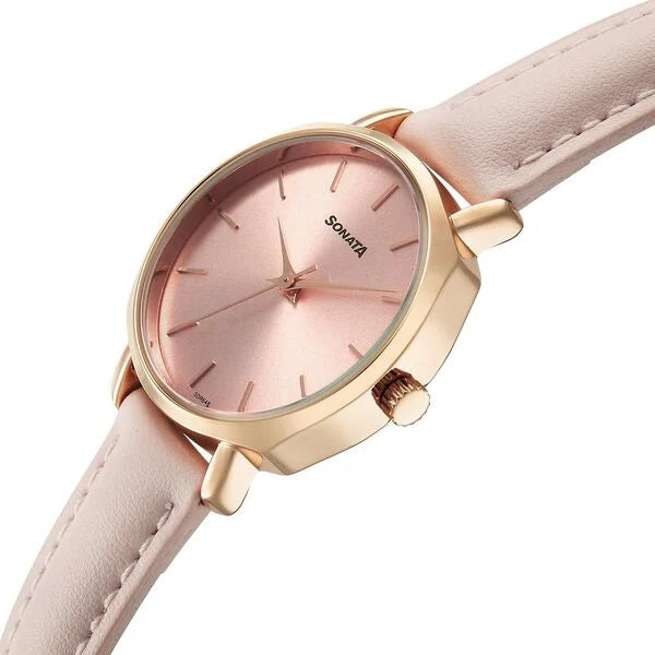 Sonata 87087WL02 | Sonata Eternia Quartz Analog Pink Dial Leather Strap Watch For Women