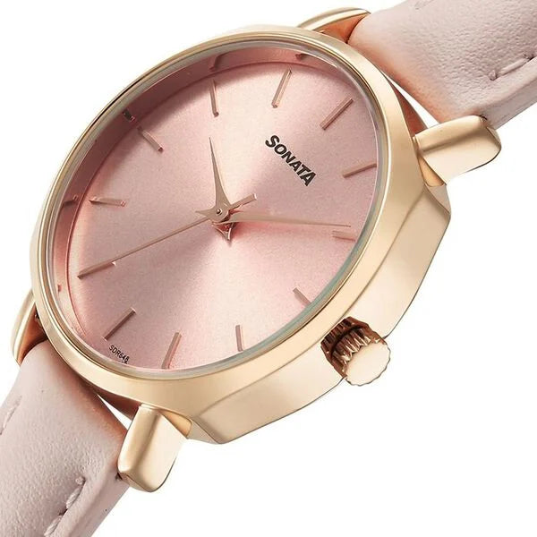 Sonata 87087WL02 | Sonata Eternia Quartz Analog Pink Dial Leather Strap Watch For Women