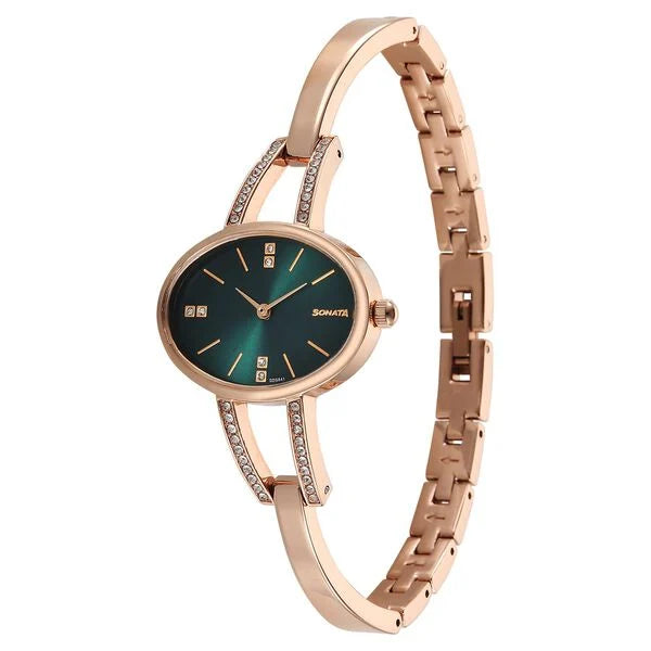 Sonata 87099WM01 | Sonata Aura Quartz Analog Green Dial Rose Gold Stainless Steel Strap Watch For Women