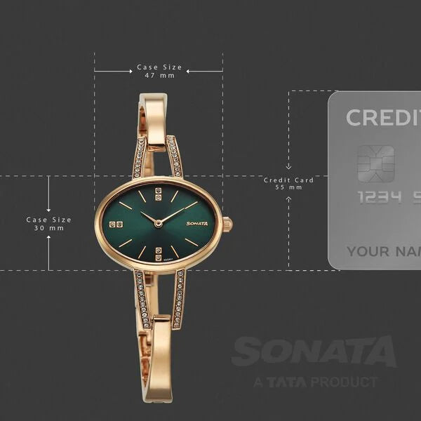 Sonata 87099WM01 | Sonata Aura Quartz Analog Green Dial Rose Gold Stainless Steel Strap Watch For Women