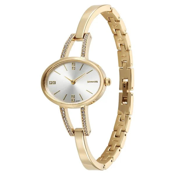 Sonata 87099YM01 | Sonata Aura Quartz Analog Silver Dial Golden Stainless Steel Strap Watch For Women