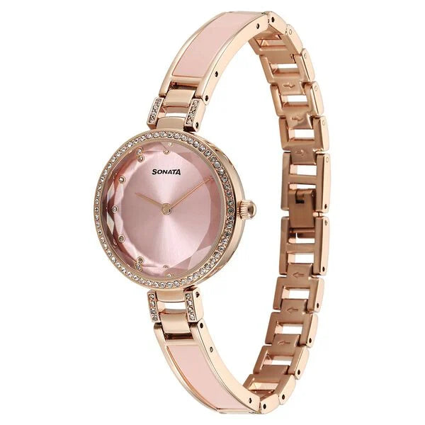 Sonata 87100KD01 | Sonata Aura Quartz Analog Pink Dial Rose Gold Stainless Steel Strap Watch For Women