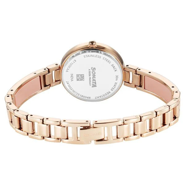 Sonata 87100KD01 | Sonata Aura Quartz Analog Pink Dial Rose Gold Stainless Steel Strap Watch For Women