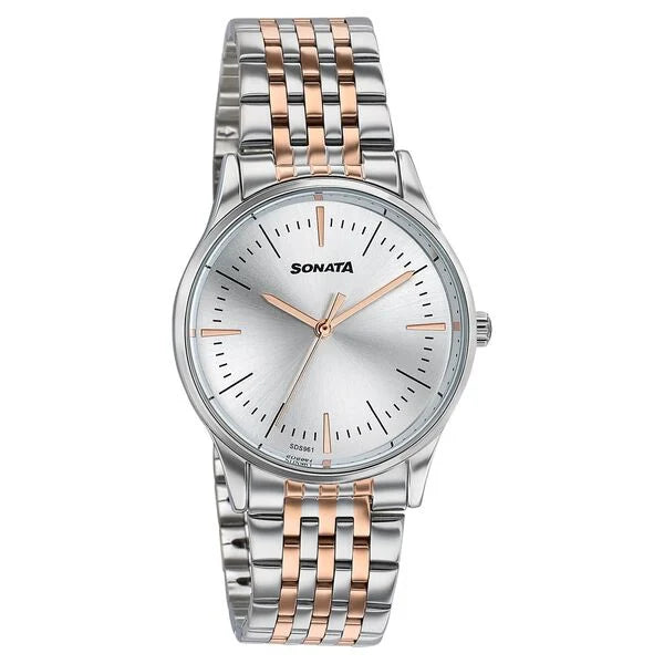 Sonata 87103KM01 | Sonata Verve Quartz Analog Silver Dial Two Toned Metal Strap Watch For Women