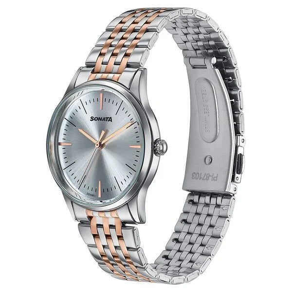 Sonata 87103KM01 | Sonata Verve Quartz Analog Silver Dial Two Toned Metal Strap Watch For Women
