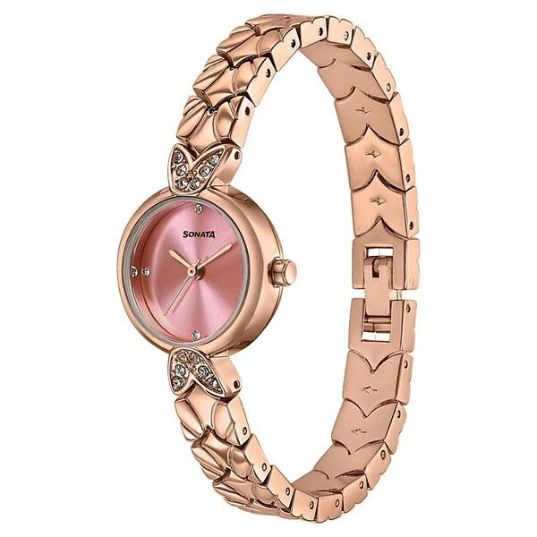 Sonata 87124WM06 | Women's Vintage style Pink dial Bracelet Watch