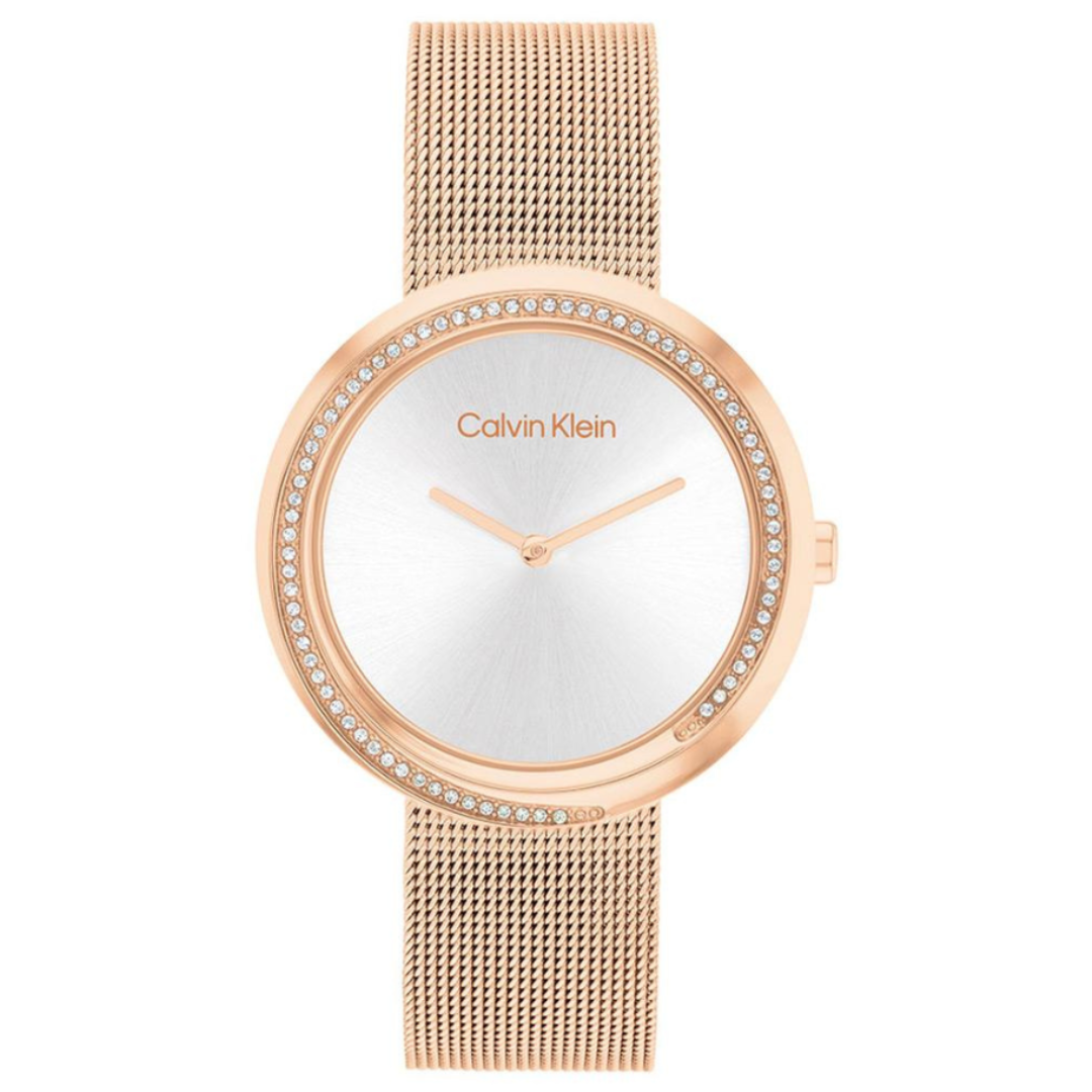 Calvin Klein 25200312 | Twisted Bezel Women Quartz Silver Dial Analog Mesh Watch.
