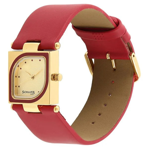 Sonata NS8919YL04 | Sonata Quartz Analog Champagne Dial Red Leather Strap Watch For Women